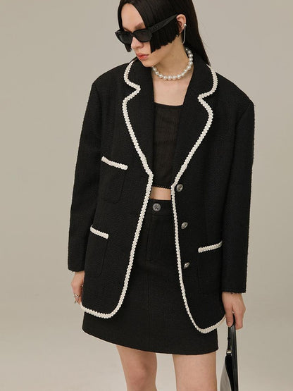 DIDDI MODA Vintage Lace Trimmed Knit Blazer With Multi Pockets