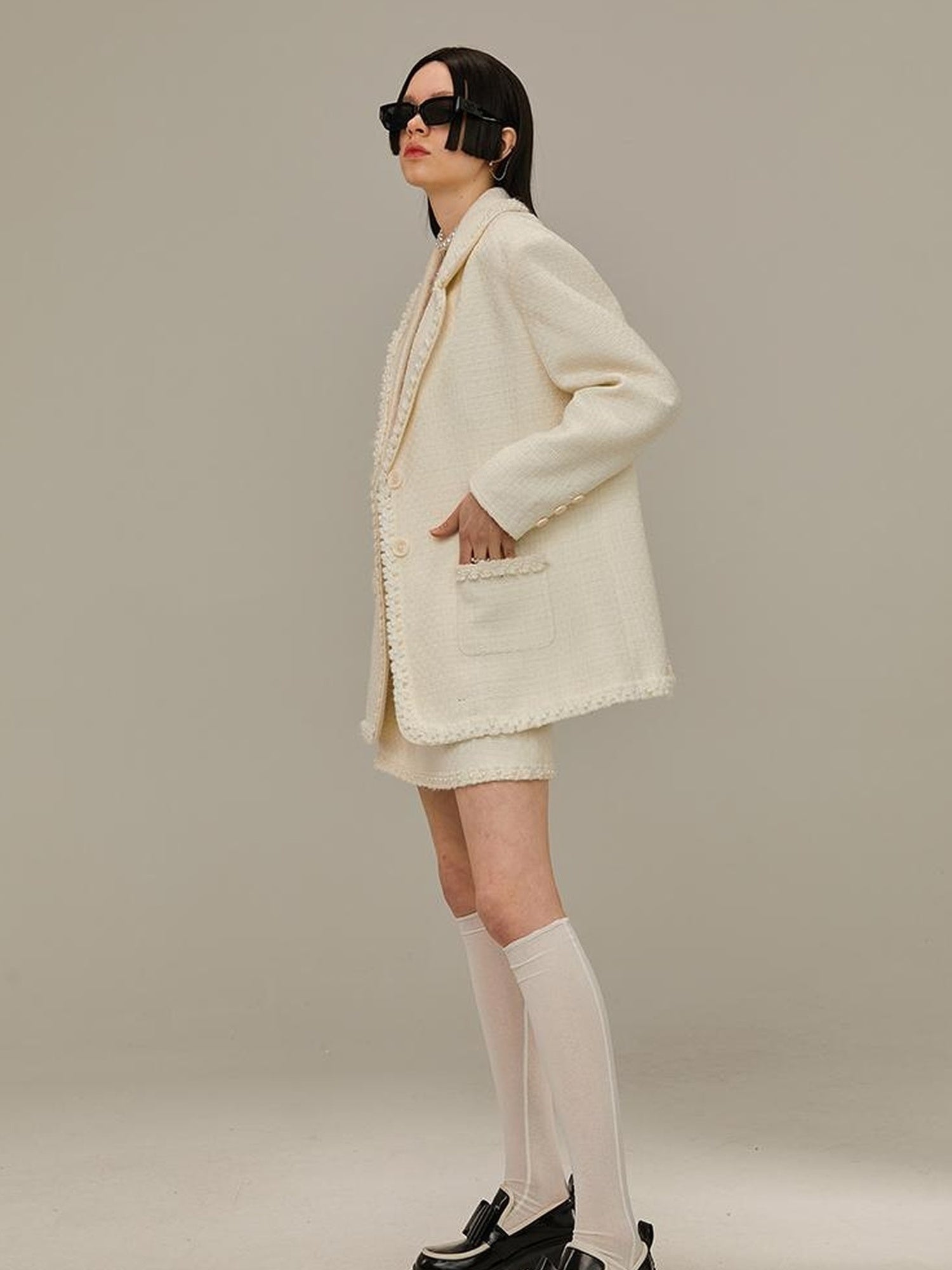 DIDDI MODA Vintage Lace Trimmed Knit Blazer With Multi Pockets