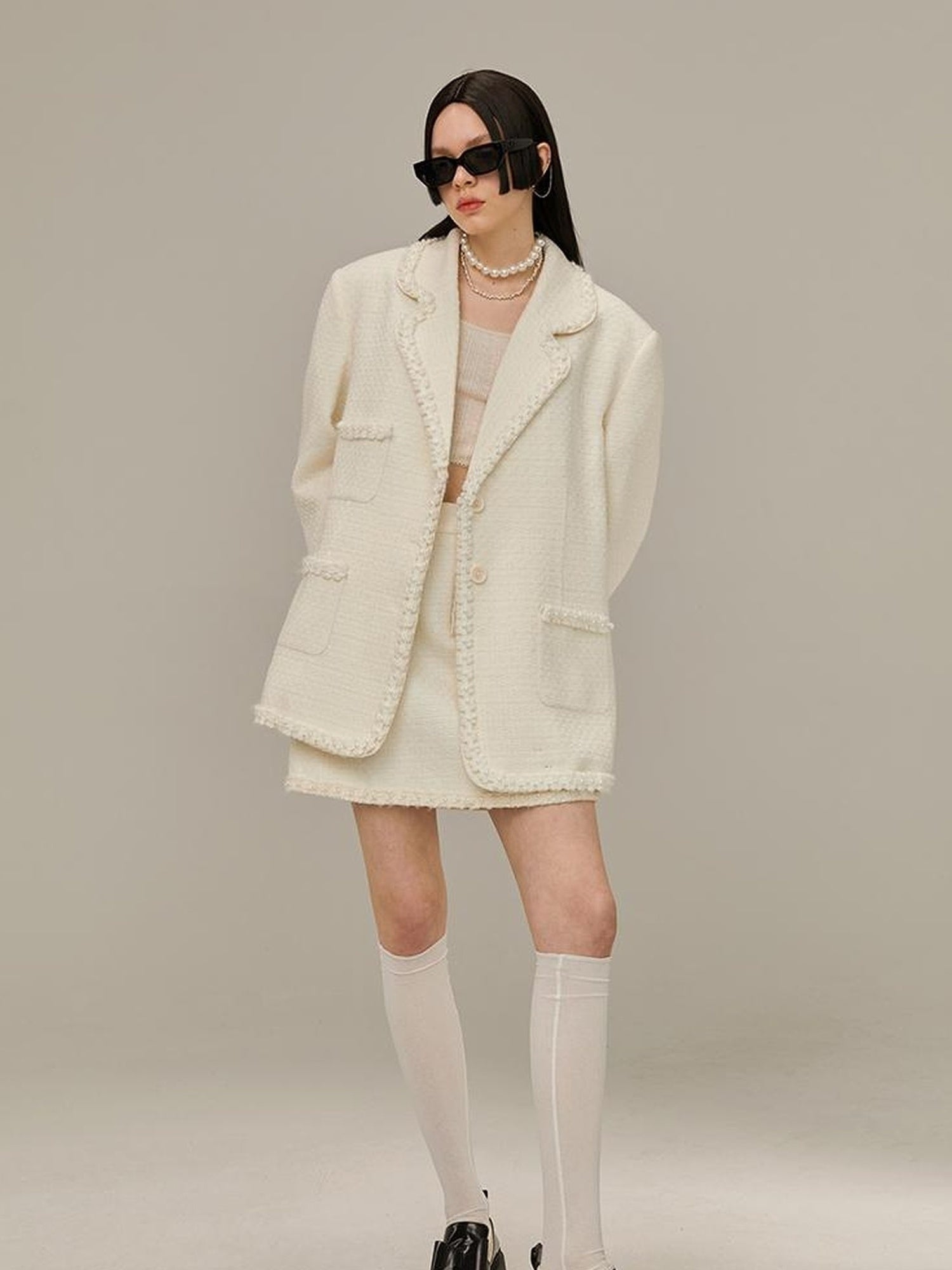 DIDDI MODA Vintage Lace Trimmed Knit Blazer With Multi Pockets