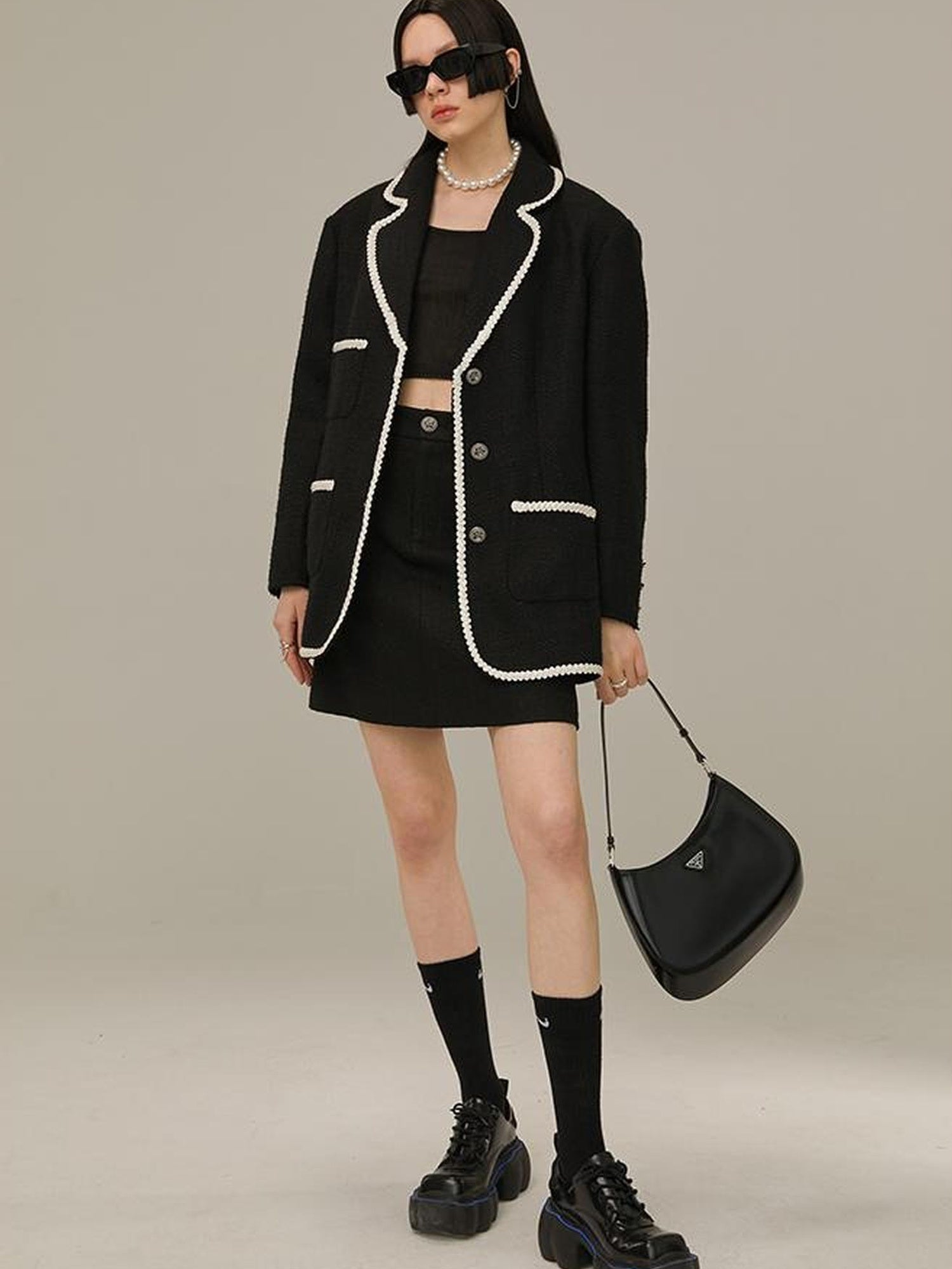 DIDDI MODA Vintage Lace Trimmed Knit Blazer With Multi Pockets