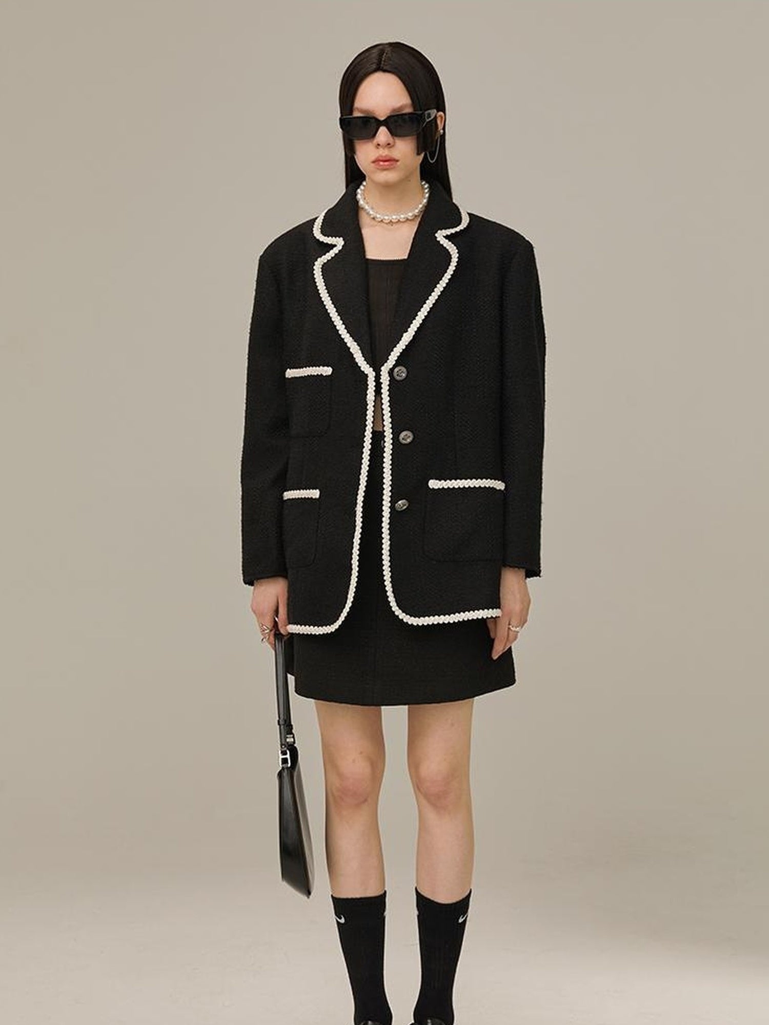 DIDDI MODA Vintage Lace Trimmed Knit Blazer With Multi Pockets