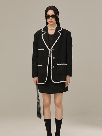 DIDDI MODA Vintage Lace Trimmed Knit Blazer With Multi Pockets