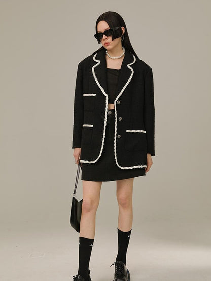 DIDDI MODA Vintage Lace Trimmed Knit Blazer With Multi Pockets