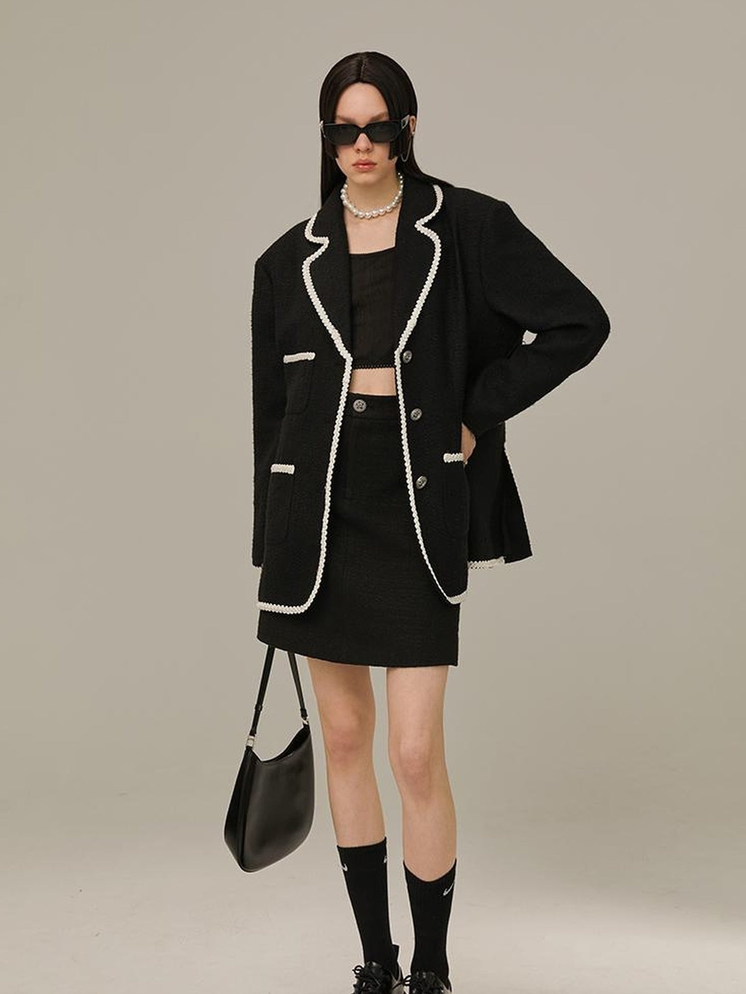 DIDDI MODA Vintage Lace Trimmed Knit Blazer With Multi Pockets