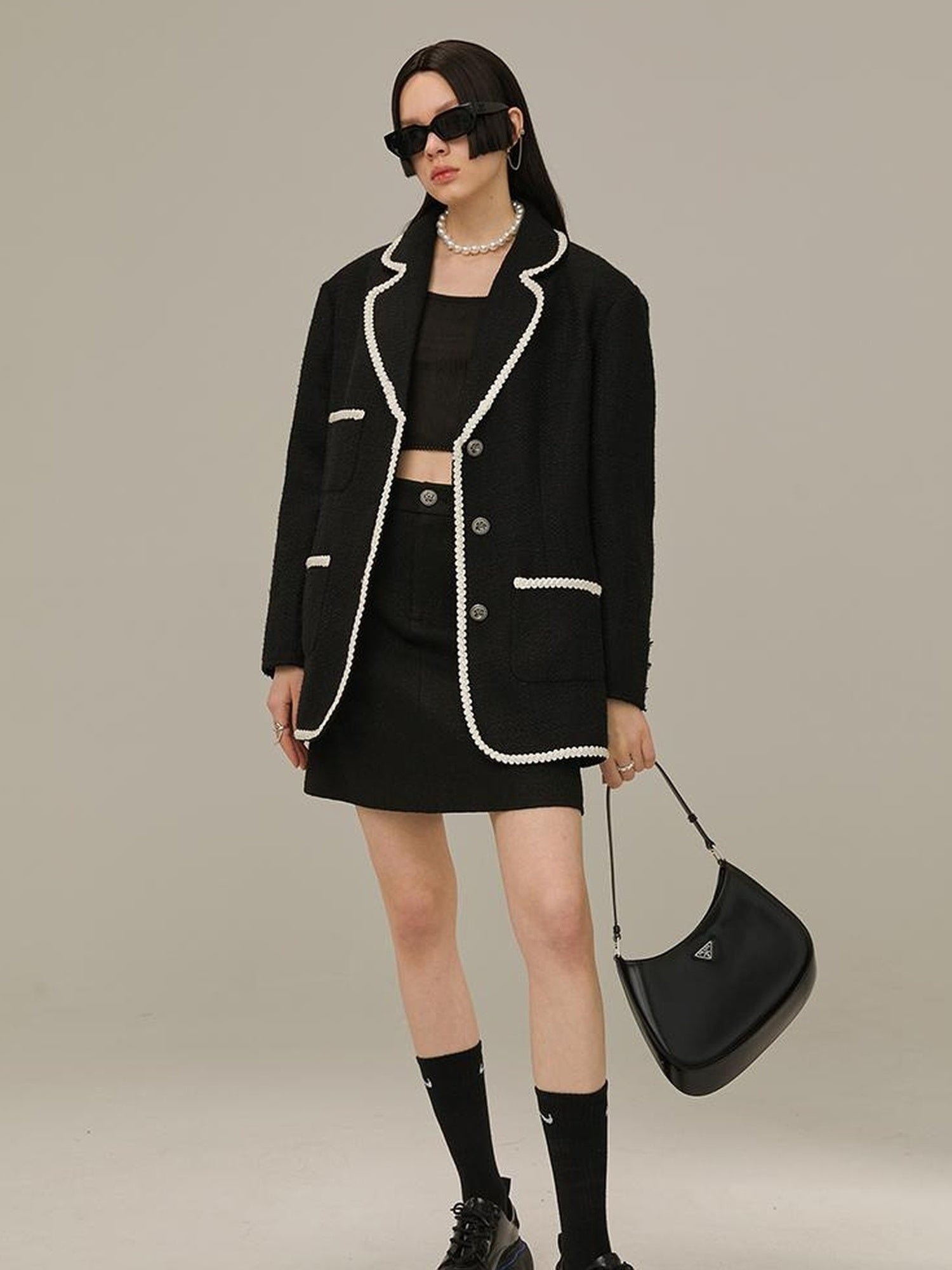 DIDDI MODA Vintage Lace Trimmed Knit Blazer With Multi Pockets