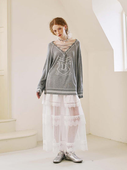 DIDDI MODA Vintage Lace Up V Neck Knit Top With Embroidered Crest