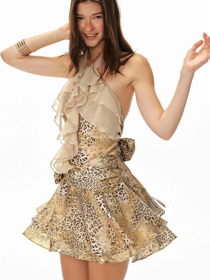 Vintage Leopard Backless Sleeveless Mini Dress With Tie