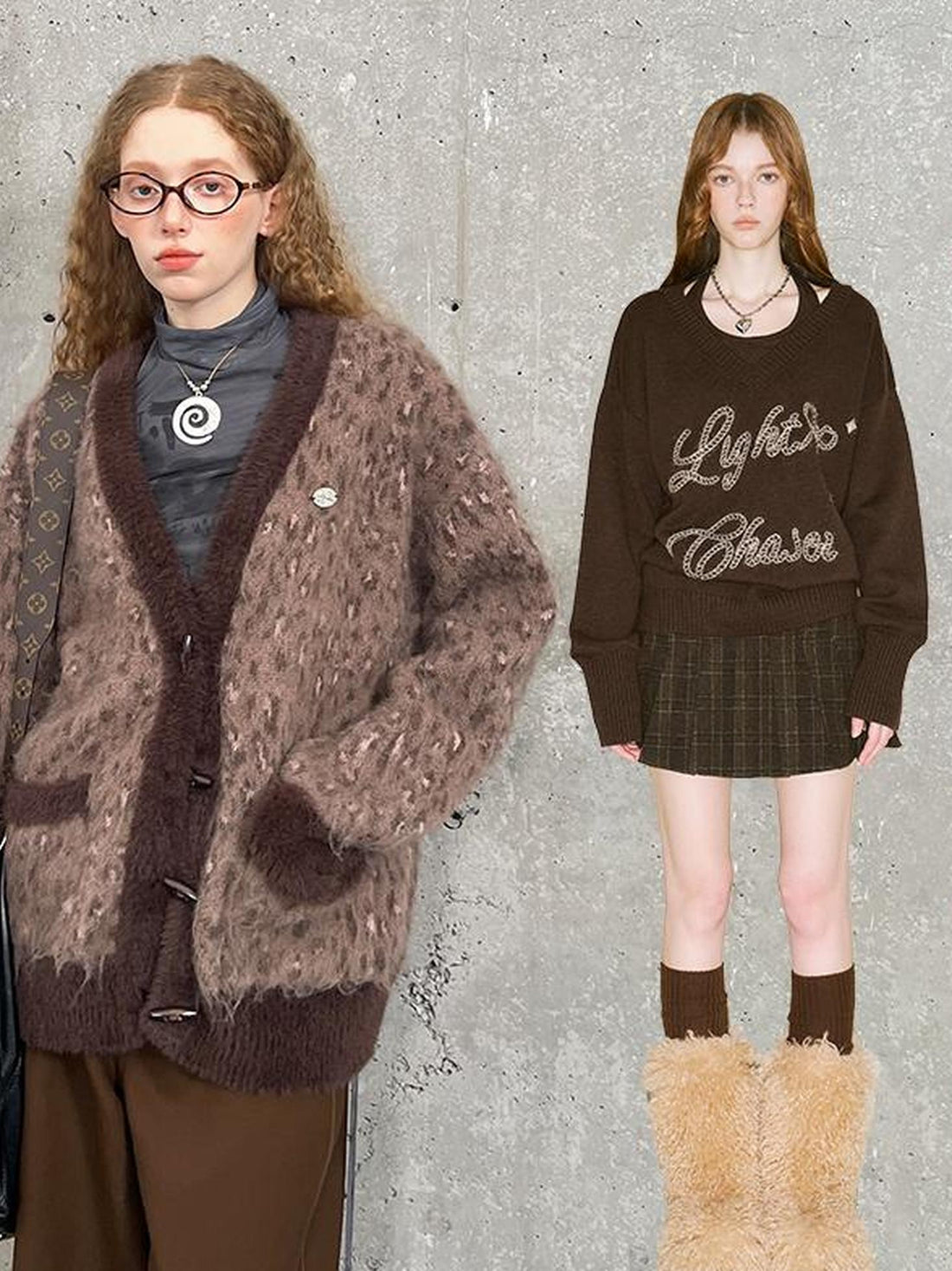 DIDDI MODA Vintage Leopard Knit Set Cardigan Skirt