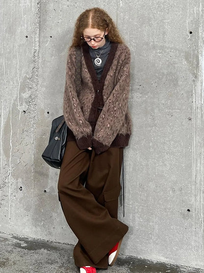 Vintage Leopard Knit Set Cardigan Skirt