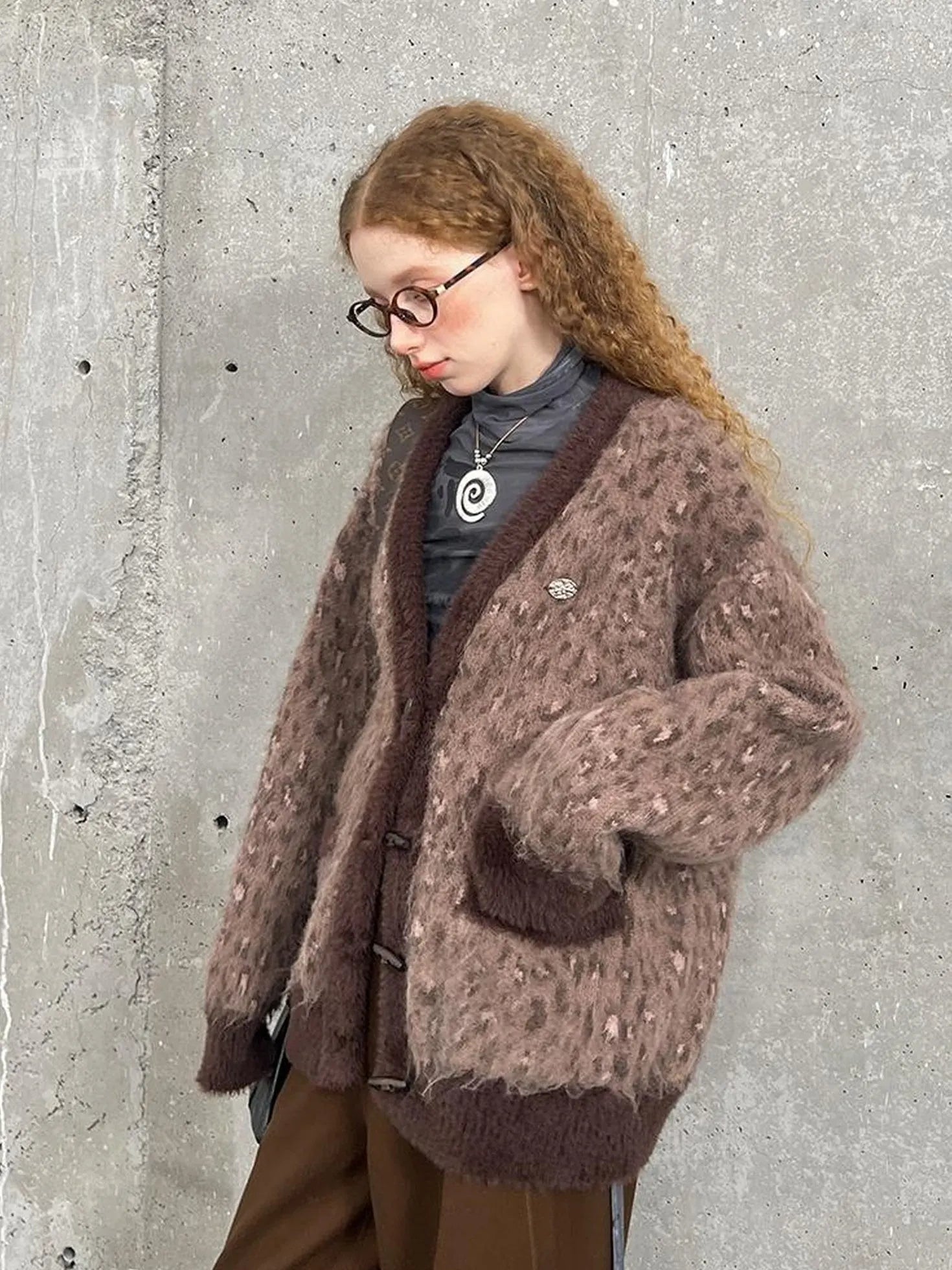 Vintage Leopard Knit Set Cardigan Skirt