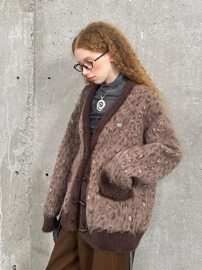 Vintage Leopard Knit Set Cardigan Skirt