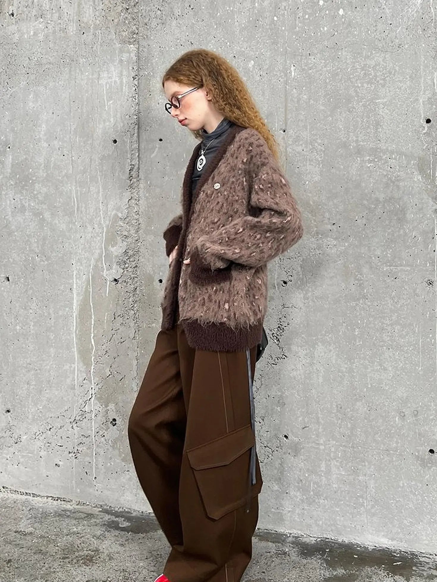 Vintage Leopard Knit Set Cardigan Skirt