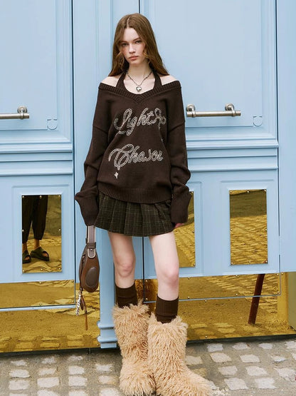 Vintage Leopard Knit Set Cardigan Skirt