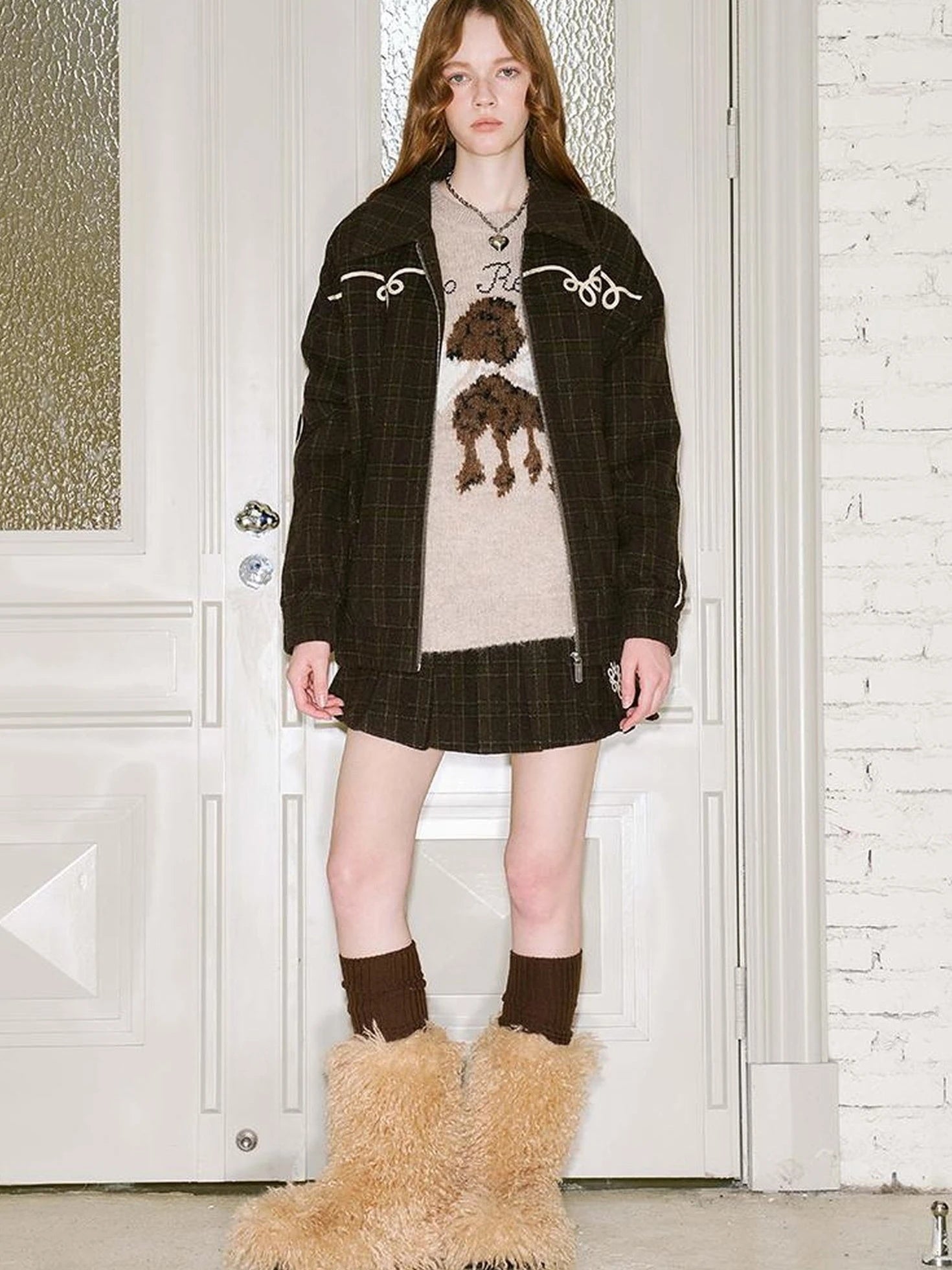 Vintage Leopard Knit Set Cardigan Skirt