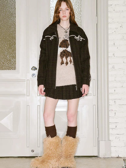 Vintage Leopard Knit Set Cardigan Skirt