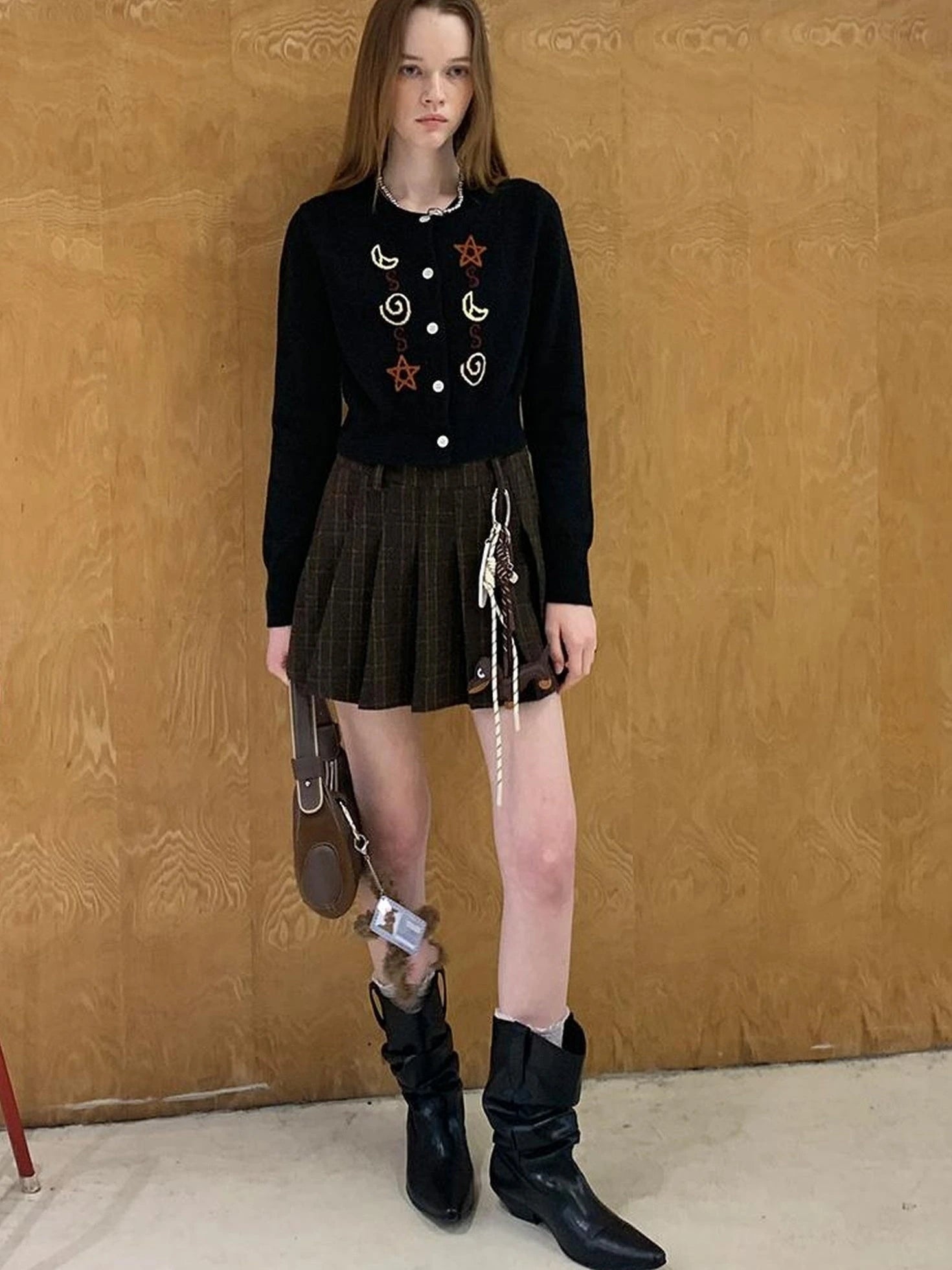 Vintage Leopard Knit Set Cardigan Skirt