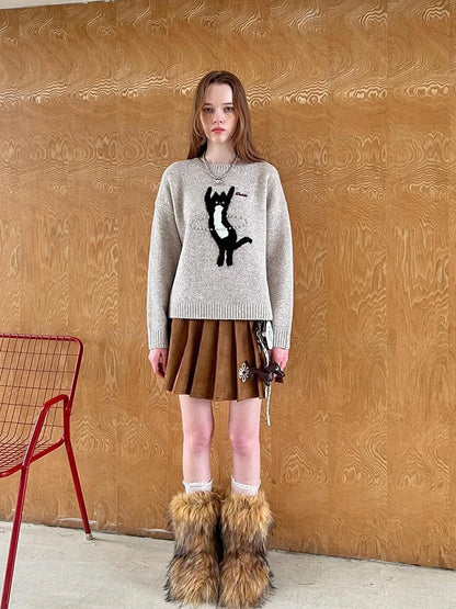 Vintage Leopard Knit Set Cardigan Skirt