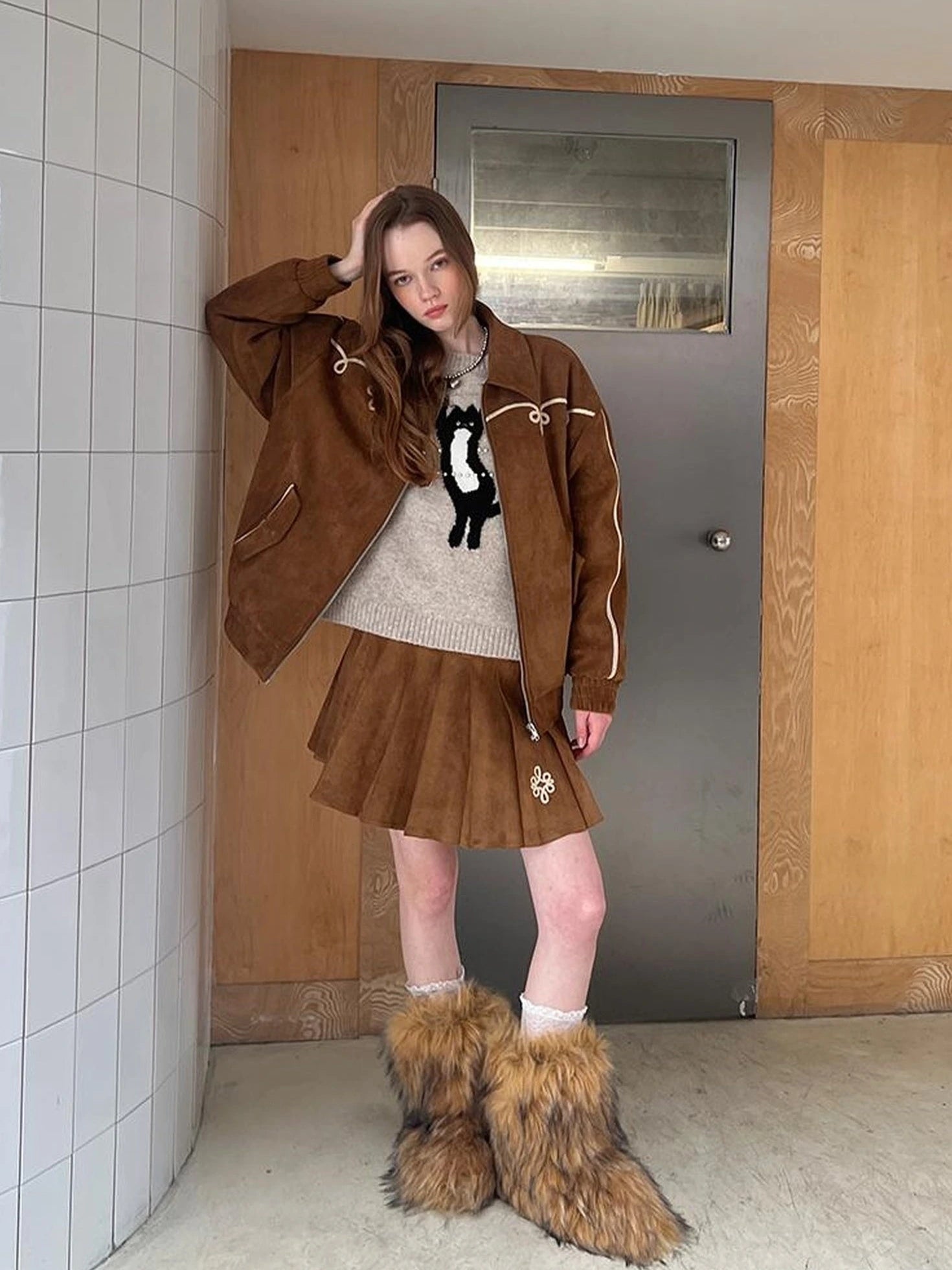 Vintage Leopard Knit Set Cardigan Skirt