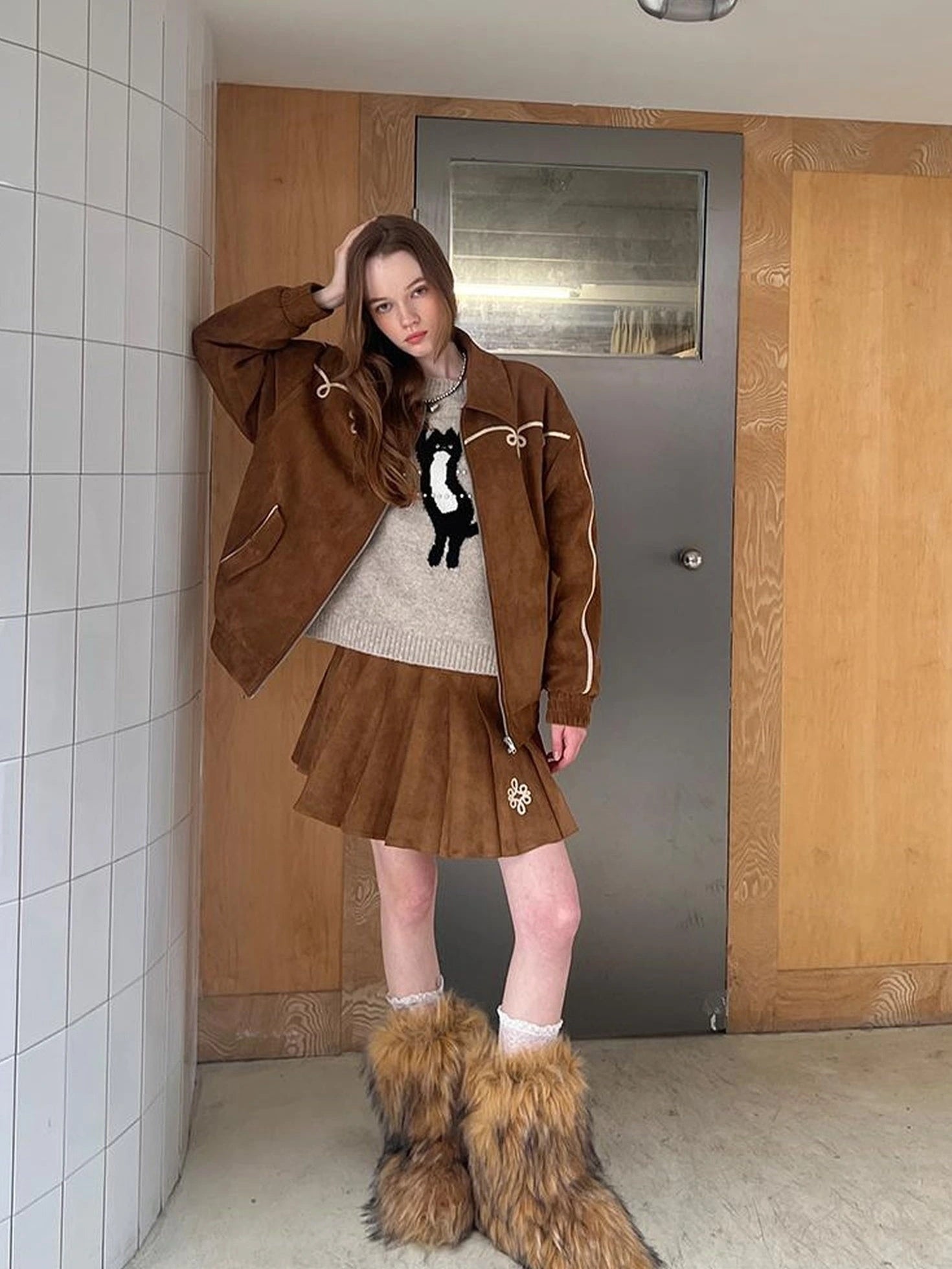 Vintage Leopard Knit Set Cardigan Skirt