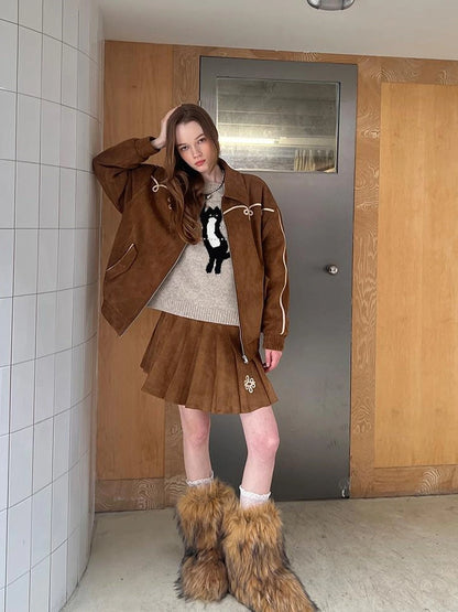 Vintage Leopard Knit Set Cardigan Skirt