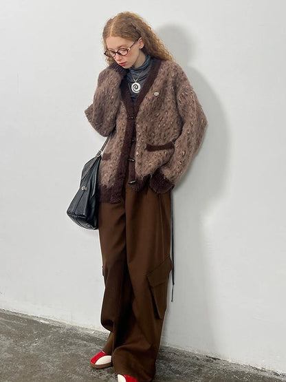 Vintage Leopard Knit Set Cardigan Skirt