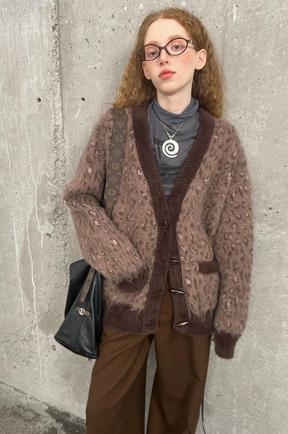 DIDDI MODA Vintage Leopard Knit Set Cardigan Skirt