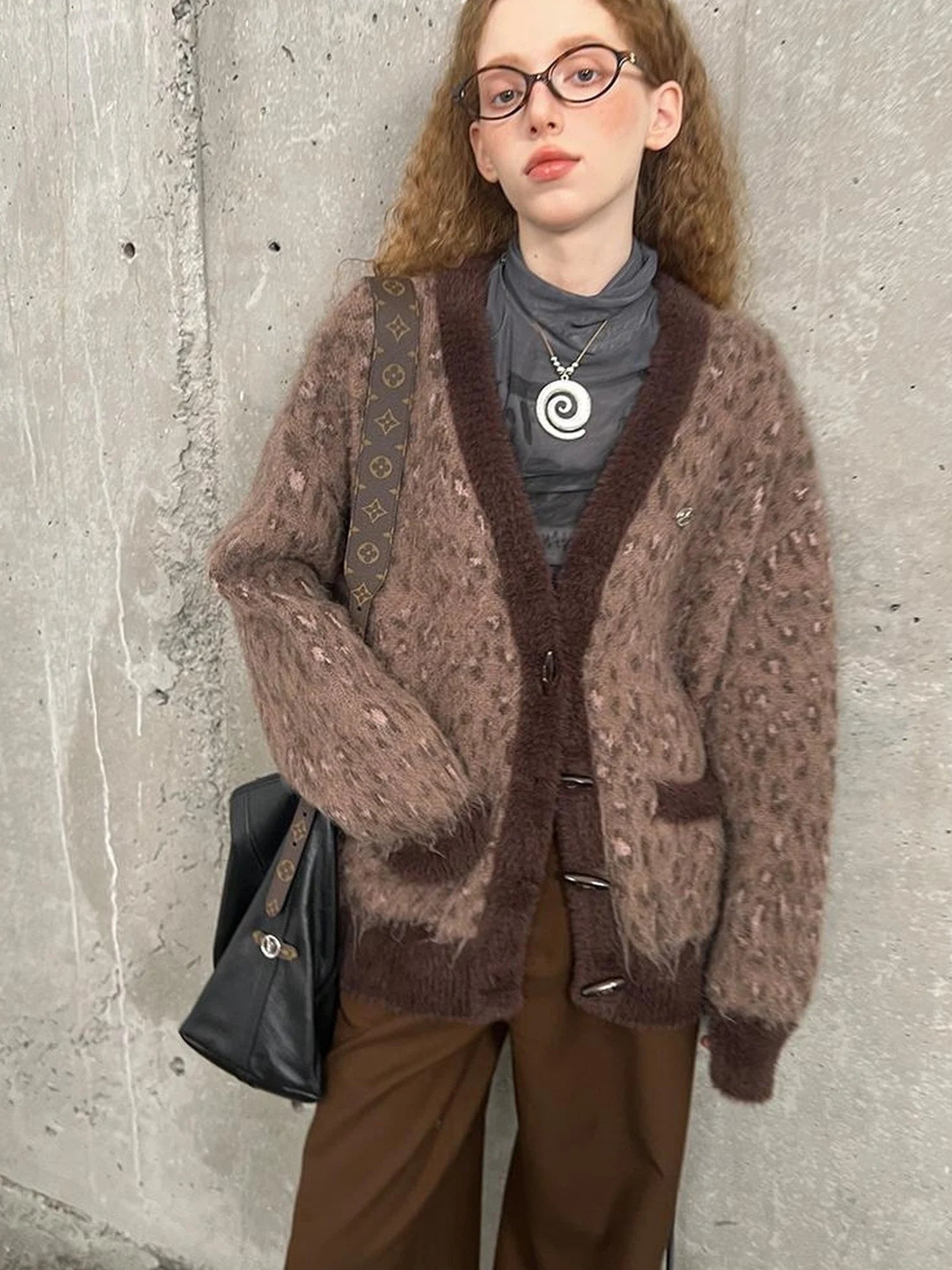 Vintage Leopard Knit Set Cardigan Skirt