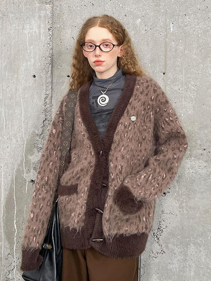 DIDDI MODA Vintage Leopard Print Knit Cardigan With Wooden Buttons