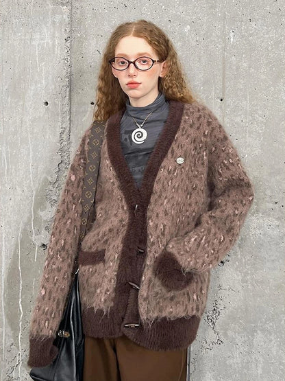 Vintage Leopard Print Knit Cardigan With Wooden Buttons