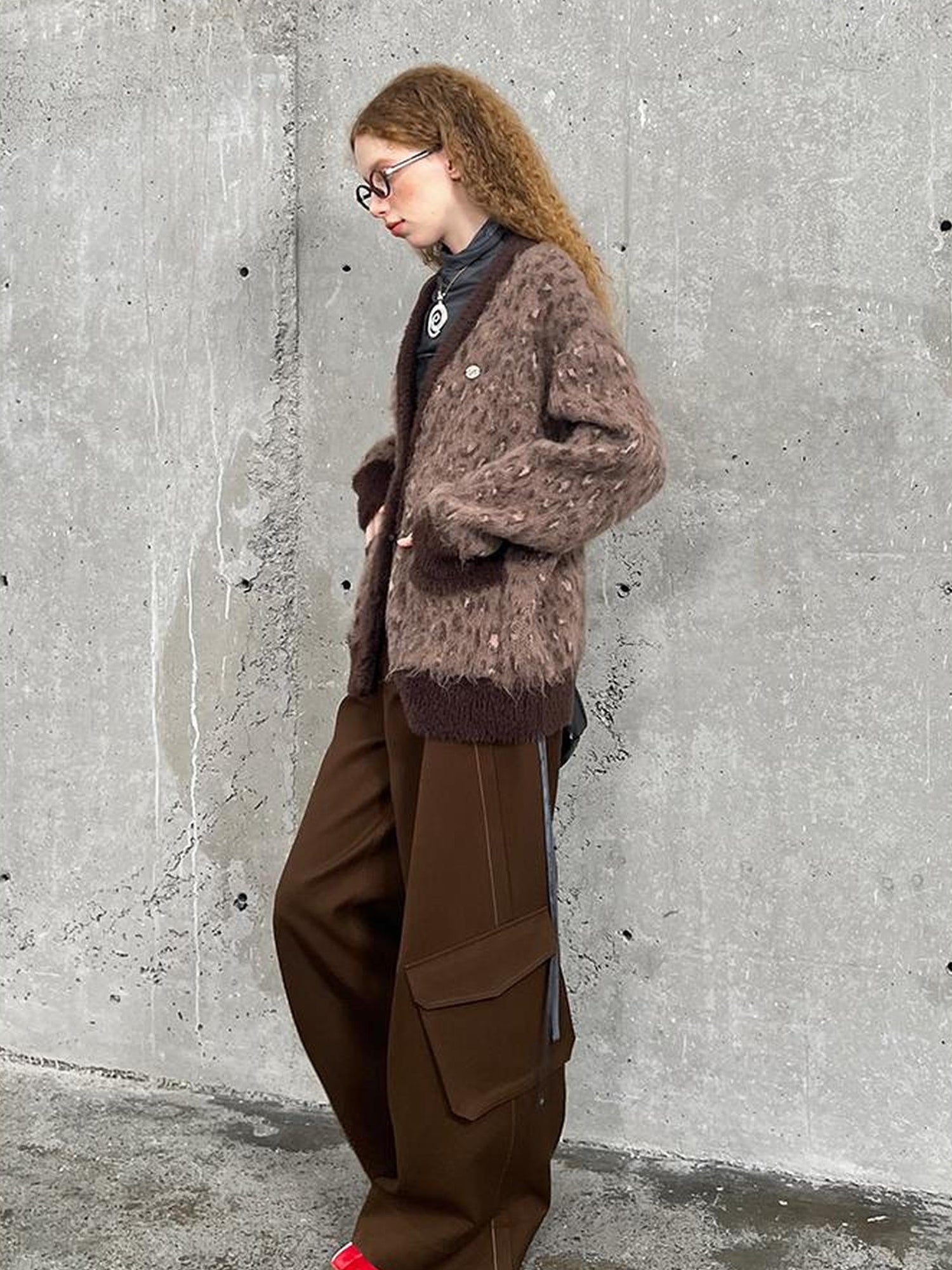 DIDDI MODA Vintage Leopard Print Knit Cardigan With Wooden Buttons