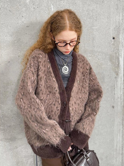 Vintage Leopard Print Knit Cardigan With Wooden Buttons