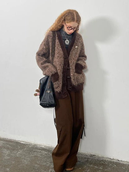 Vintage Leopard Print Knit Cardigan With Wooden Buttons