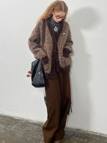Vintage Leopard Print Knit Cardigan With Wooden Buttons