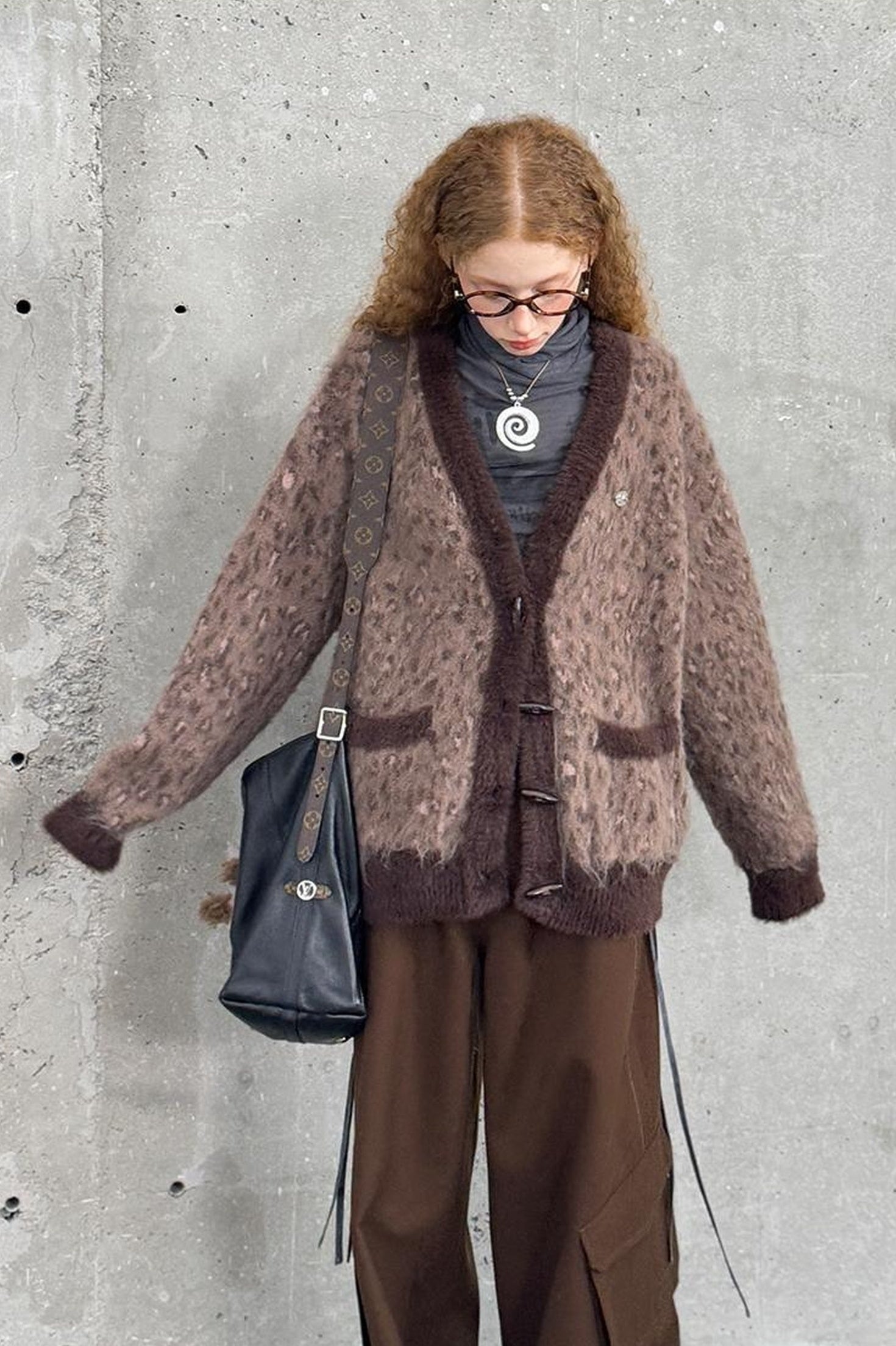 DIDDI MODA Vintage Leopard Print Knit Cardigan With Wooden Buttons