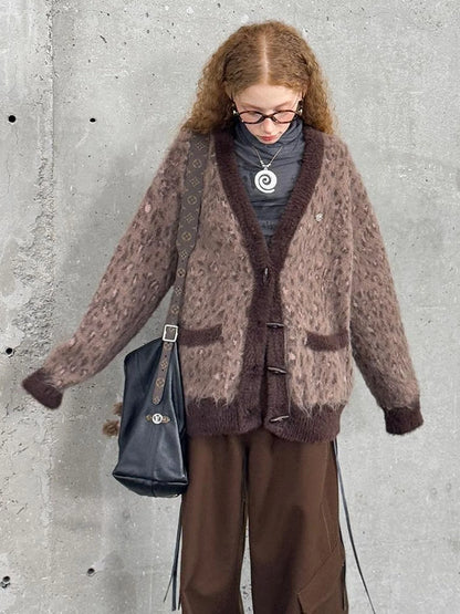 Vintage Leopard Print Knit Cardigan With Wooden Buttons
