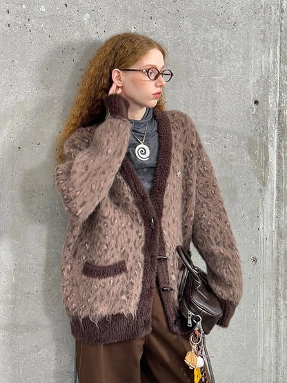 Vintage Leopard Print Knit Cardigan With Wooden Buttons