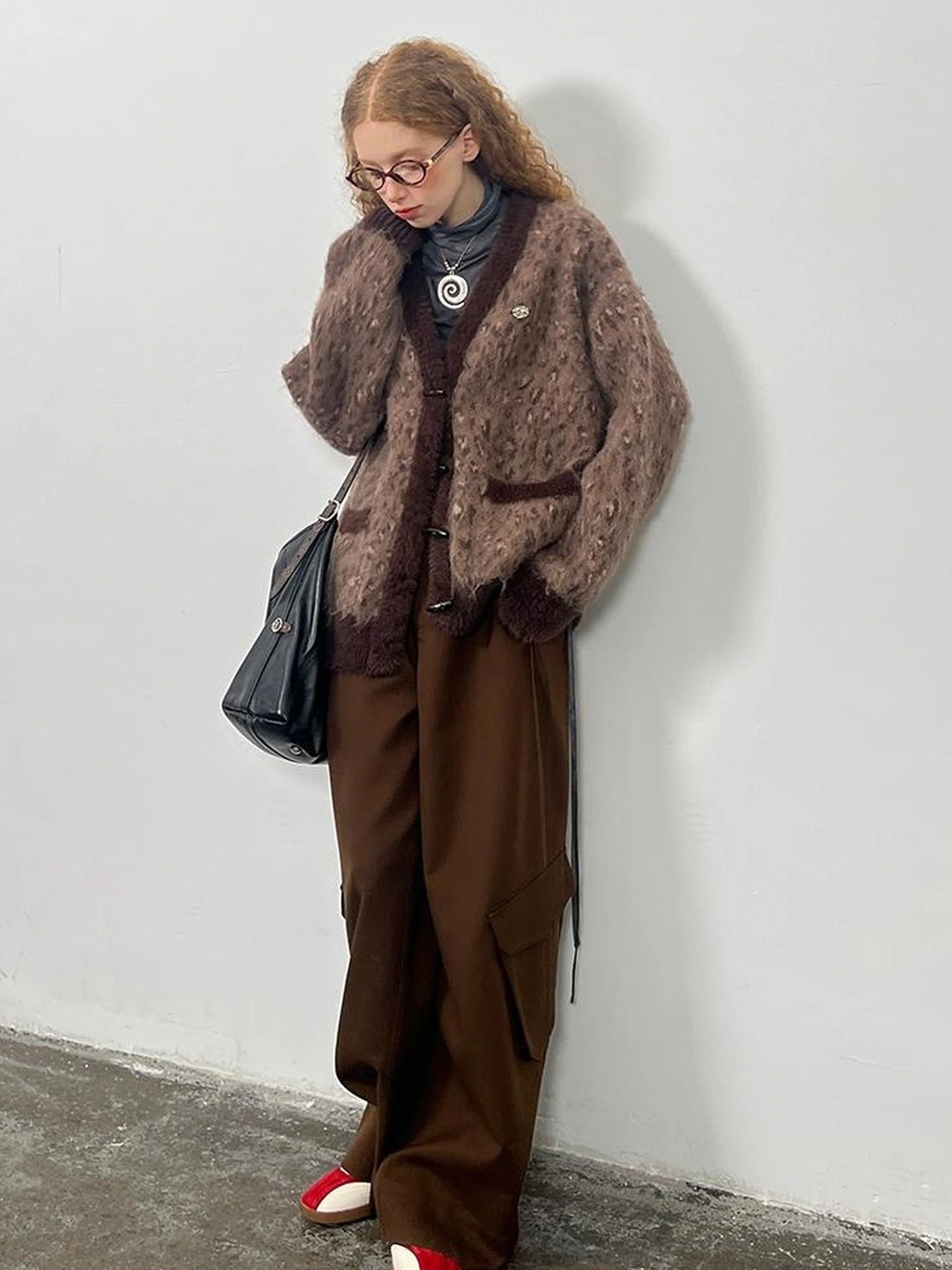 Vintage Leopard Print Knit Cardigan With Wooden Buttons
