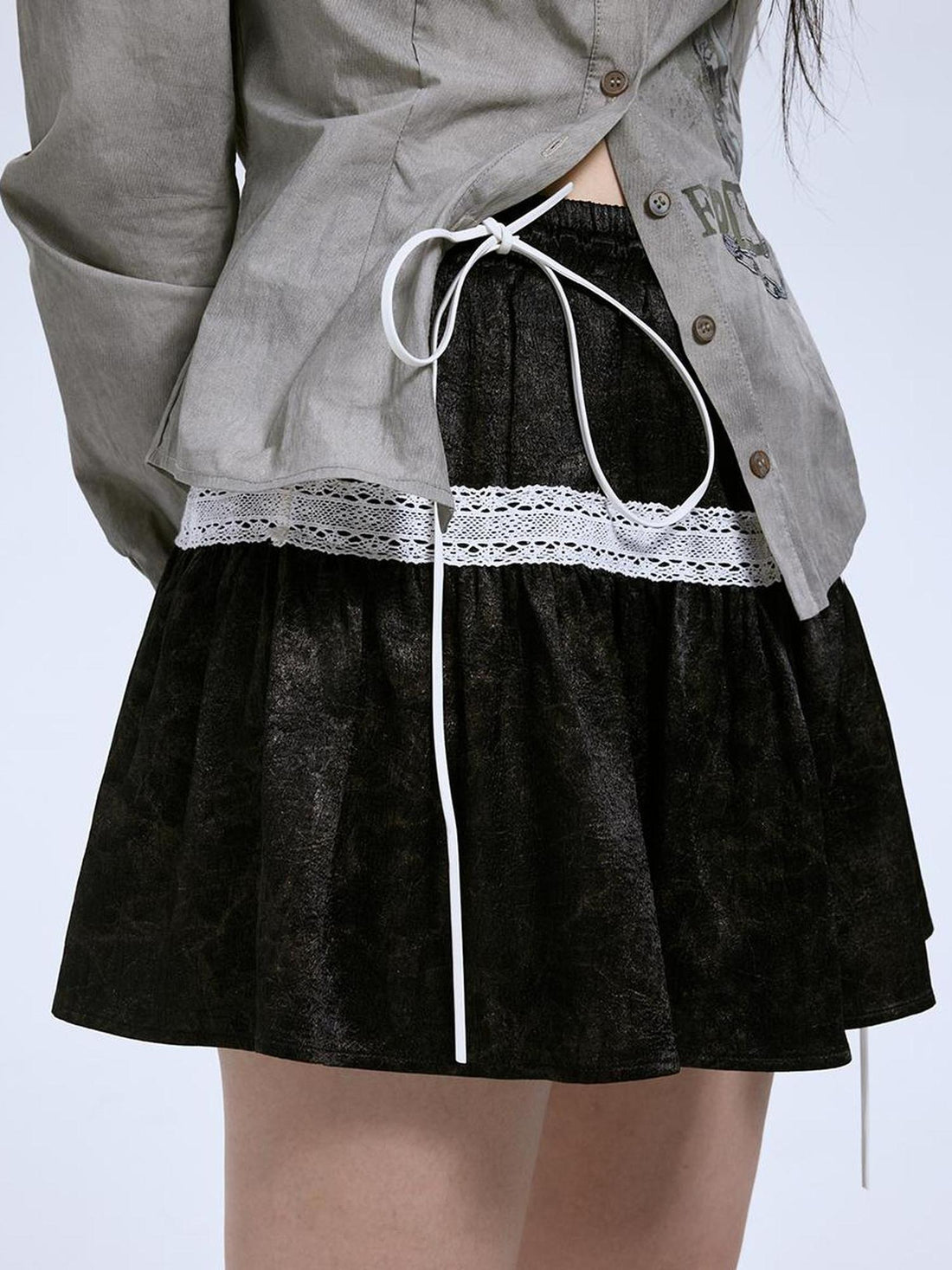 MOMSYCAN FOX LINE Vintage Linen Cotton Burnout A Line Skirt With Lace Trim Drawstring Waist