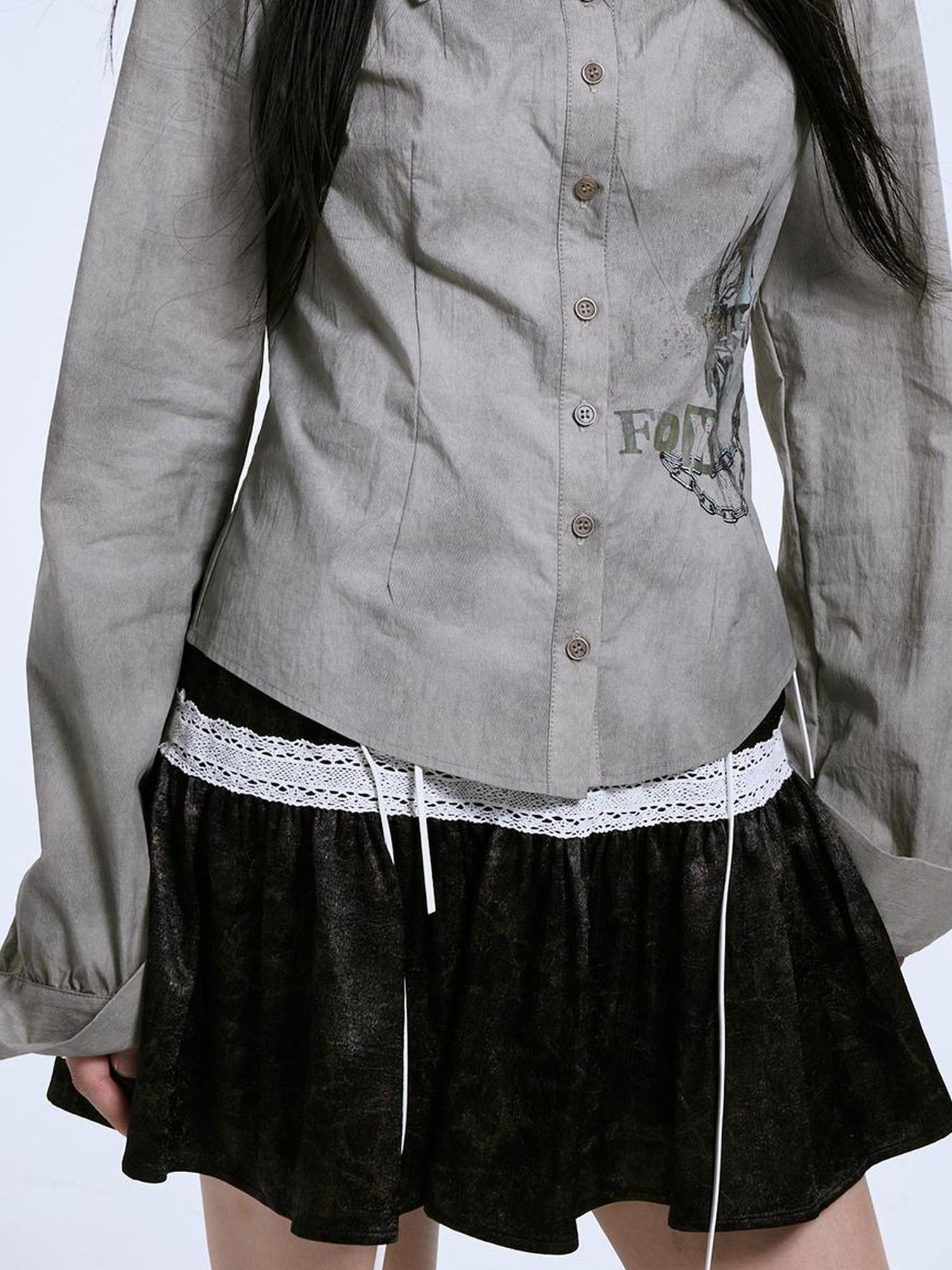 MOMSYCAN FOX LINE Vintage Linen Cotton Burnout A Line Skirt With Lace Trim Drawstring Waist