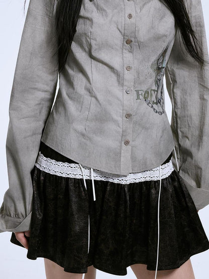 MOMSYCAN FOX LINE Vintage Linen Cotton Burnout A Line Skirt With Lace Trim Drawstring Waist