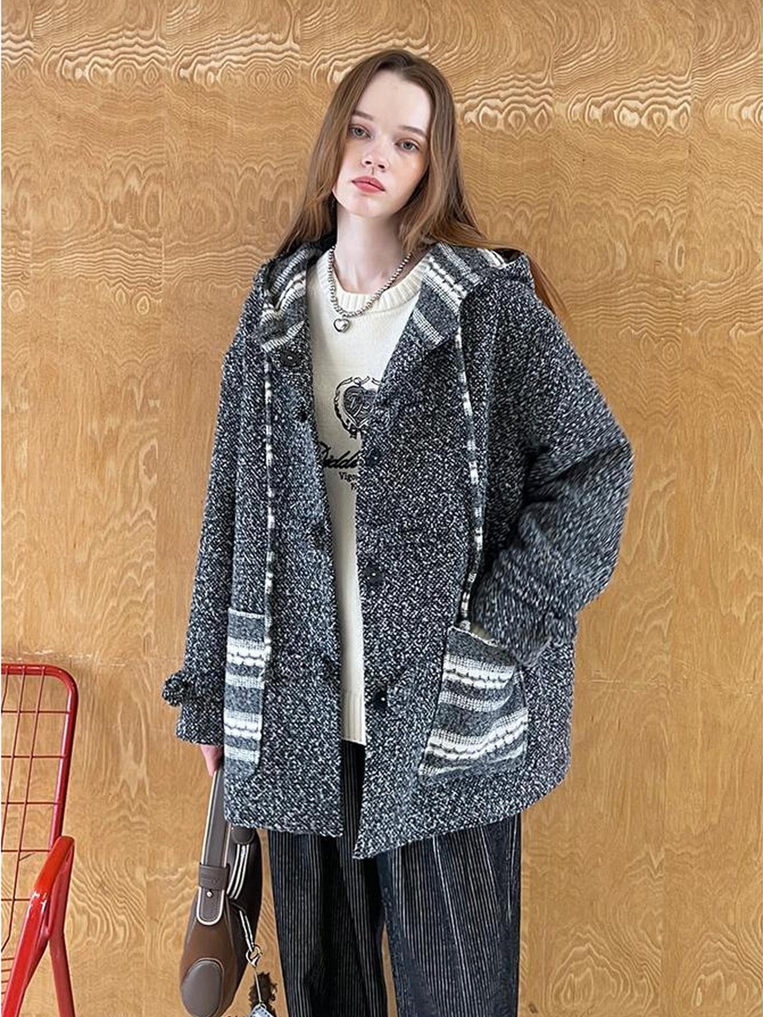 DIDDI MODA Vintage Loop Hooded Wool Coat