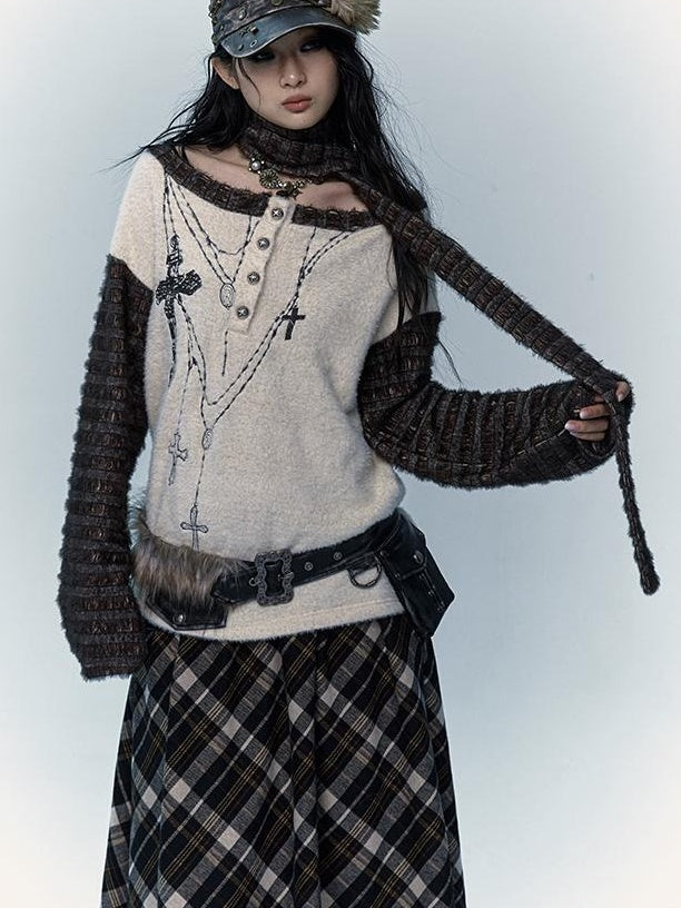 Vintage Loose Knit Embroidered Striped Turtleneck T-shirt