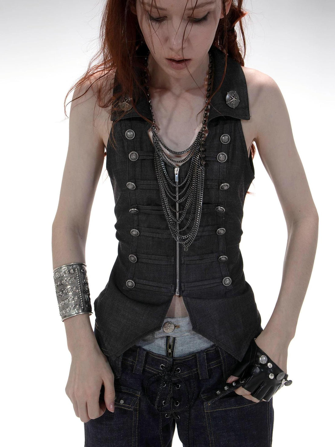 DoublePunch Vintage Metal Button Zip Vest For Women Slim Waist Vests