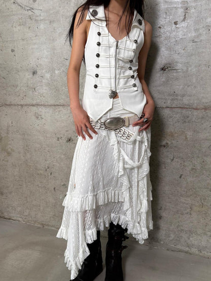 DoublePunch Vintage Metal Button Zip Vest For Women Slim Waist Vests