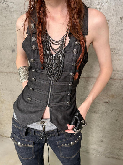 DoublePunch Vintage Metal Button Zip Vest For Women Slim Waist Vests