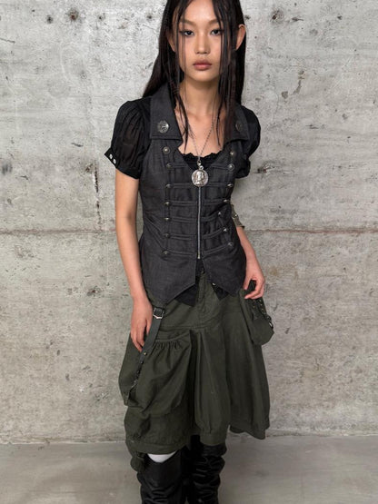 DoublePunch Vintage Metal Button Zip Vest For Women Slim Waist Vests