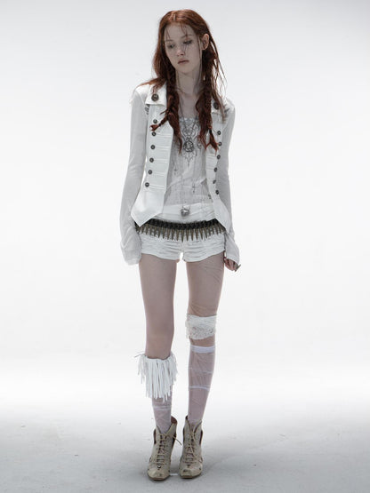 DoublePunch Vintage Metal Button Zip Vest For Women Slim Waist Vests