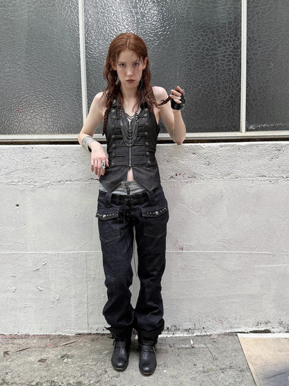 DoublePunch Vintage Metal Button Zip Vest For Women Slim Waist Vests