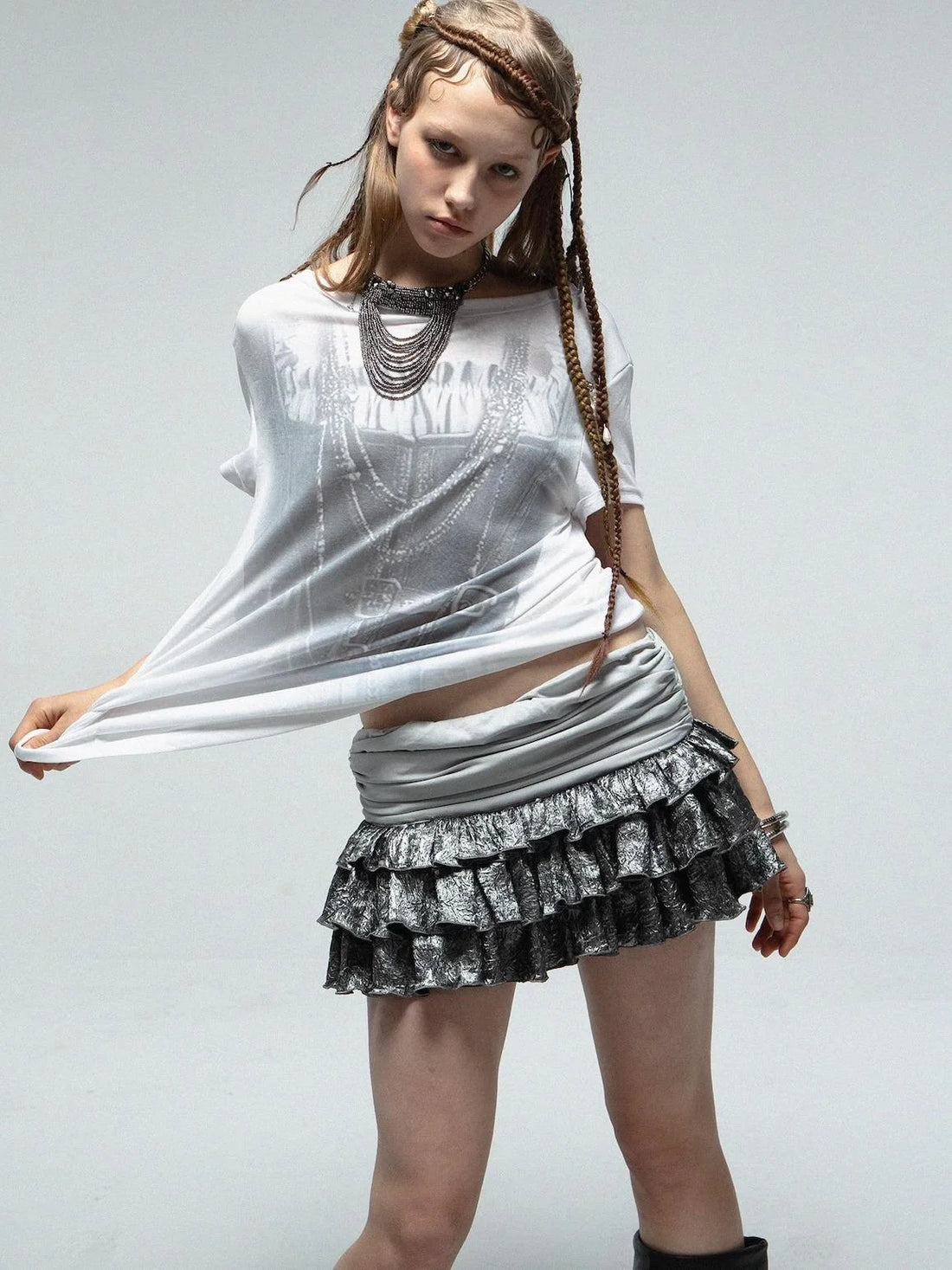 Vintage Metallic Satin Layered Ruffle Mini Cake Dress