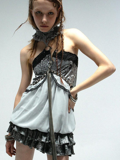 Vintage Metallic Satin Lagen Rüschen Mini Cake Kleid 